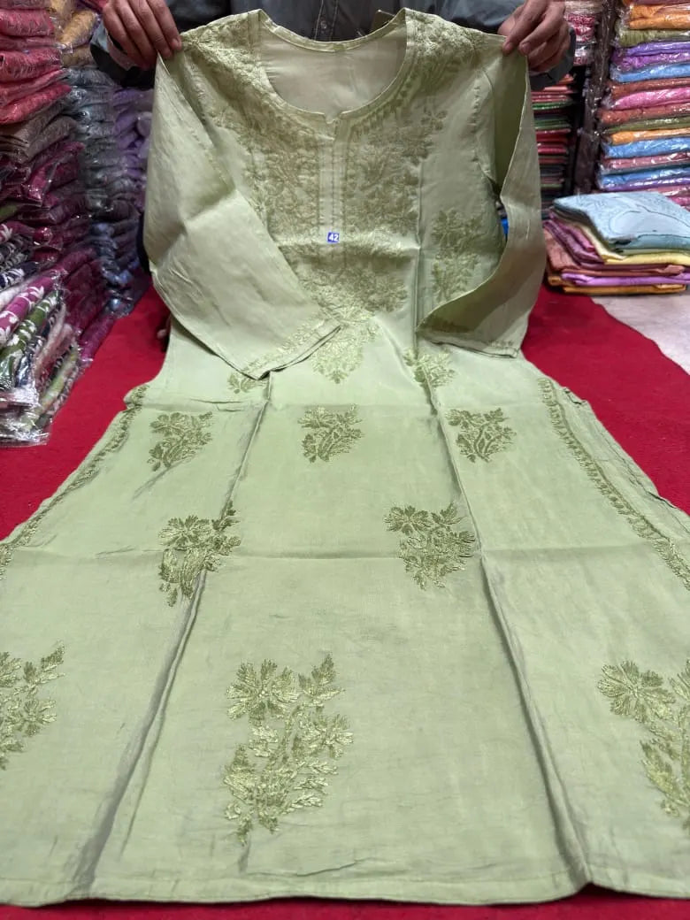 Vanya Chanderi Cotton Ombre Pattern Chikankari Kurta - Forest Green
