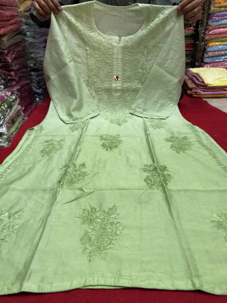 Vanya Chanderi Cotton Ombre Pattern Chikankari Kurta - Green
