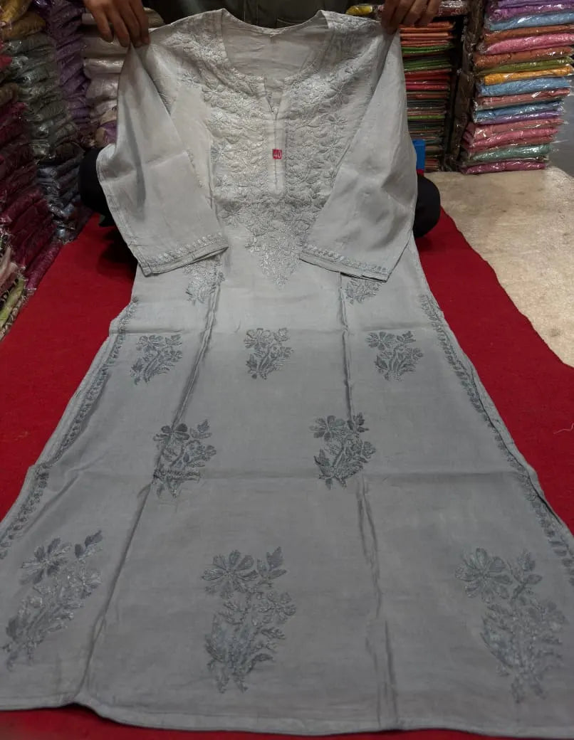 Vanya Chanderi Cotton Ombre Pattern Chikankari Kurta - Grey