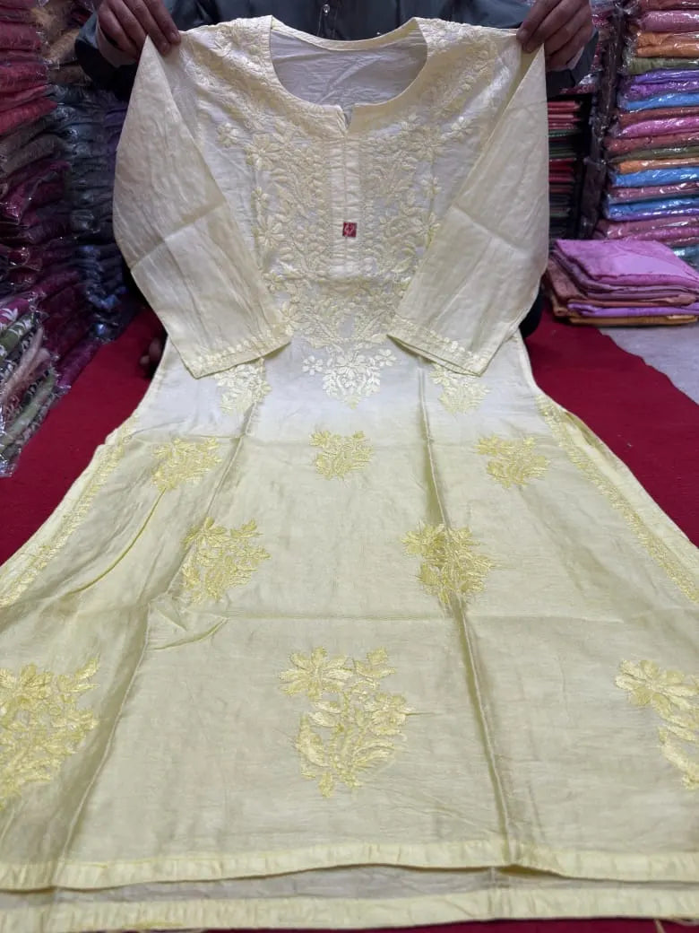 Vanya Chanderi Cotton Ombre Pattern Chikankari Kurta - Light Yellow