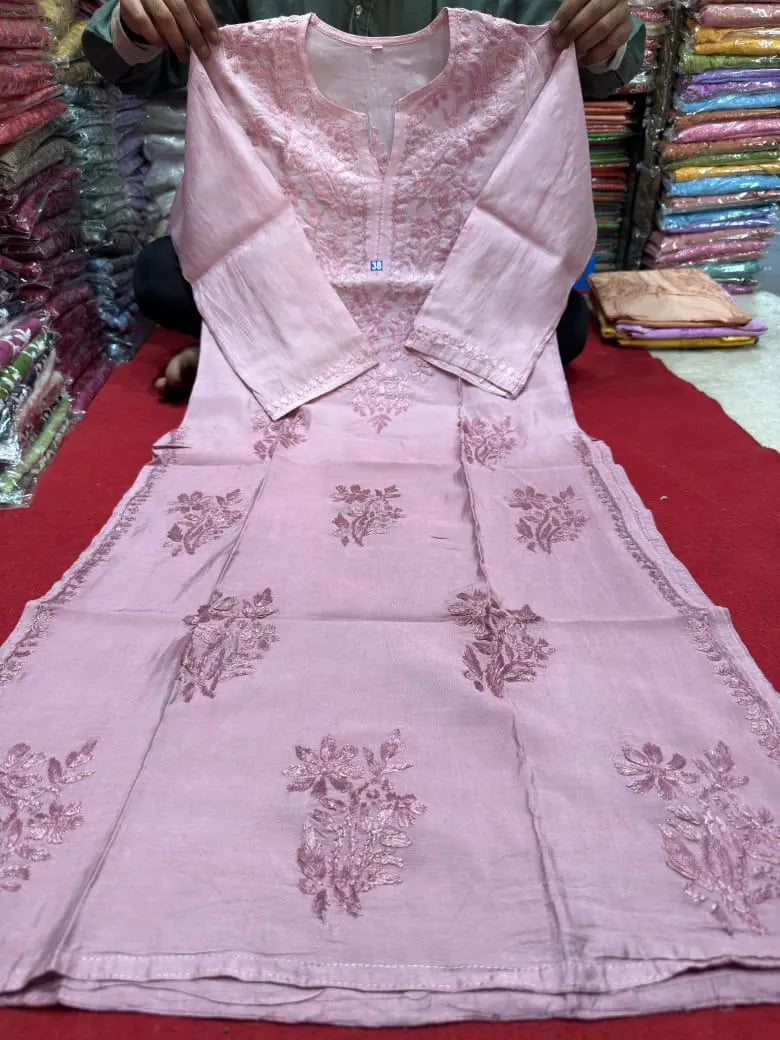 Vanya Chanderi Cotton Ombre Pattern Chikankari Kurta - Mauve
