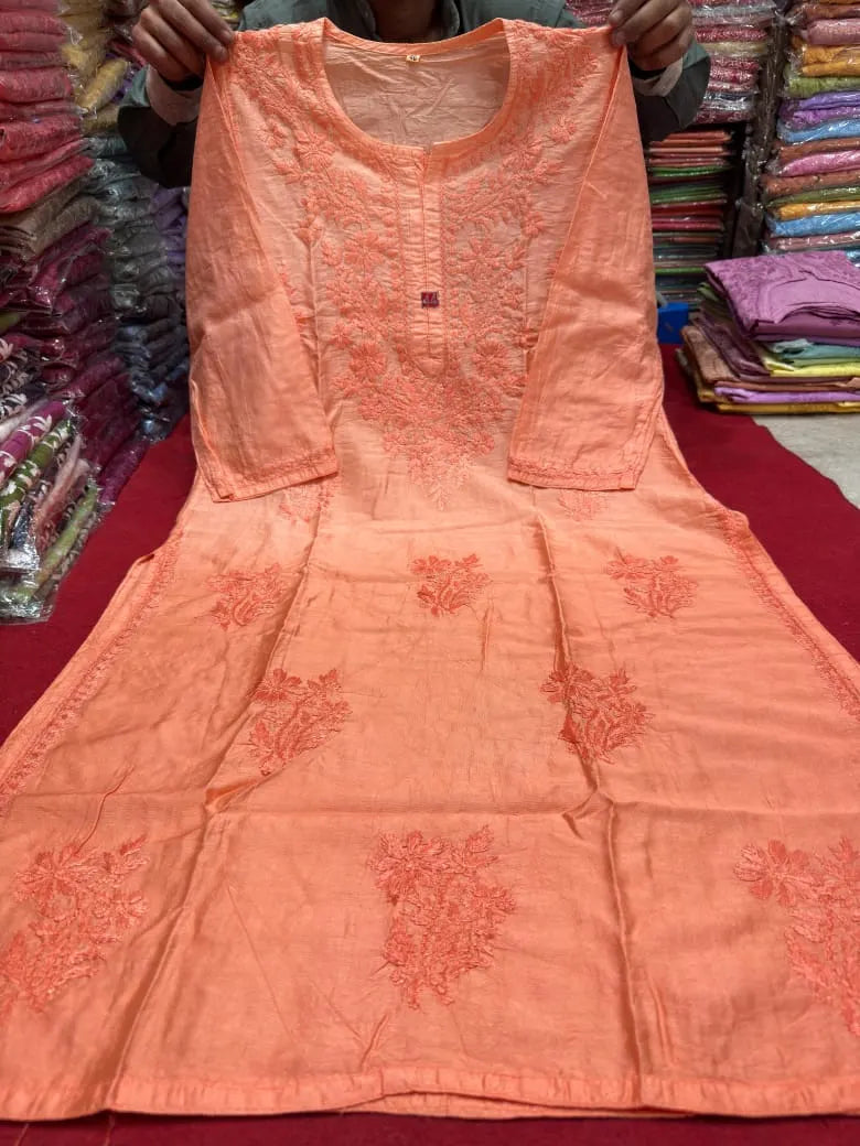 Vanya Chanderi Cotton Ombre Pattern Chikankari Kurta - Orange