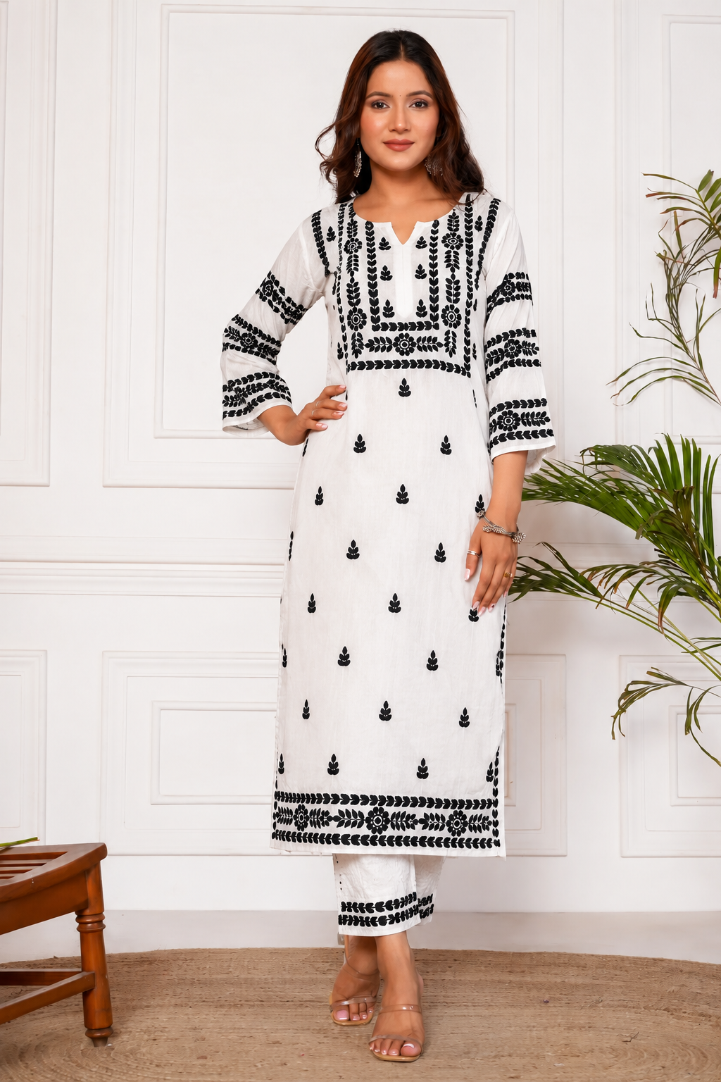 Aaram Floral Embroidered  Cotton Kurta Set - Black And White