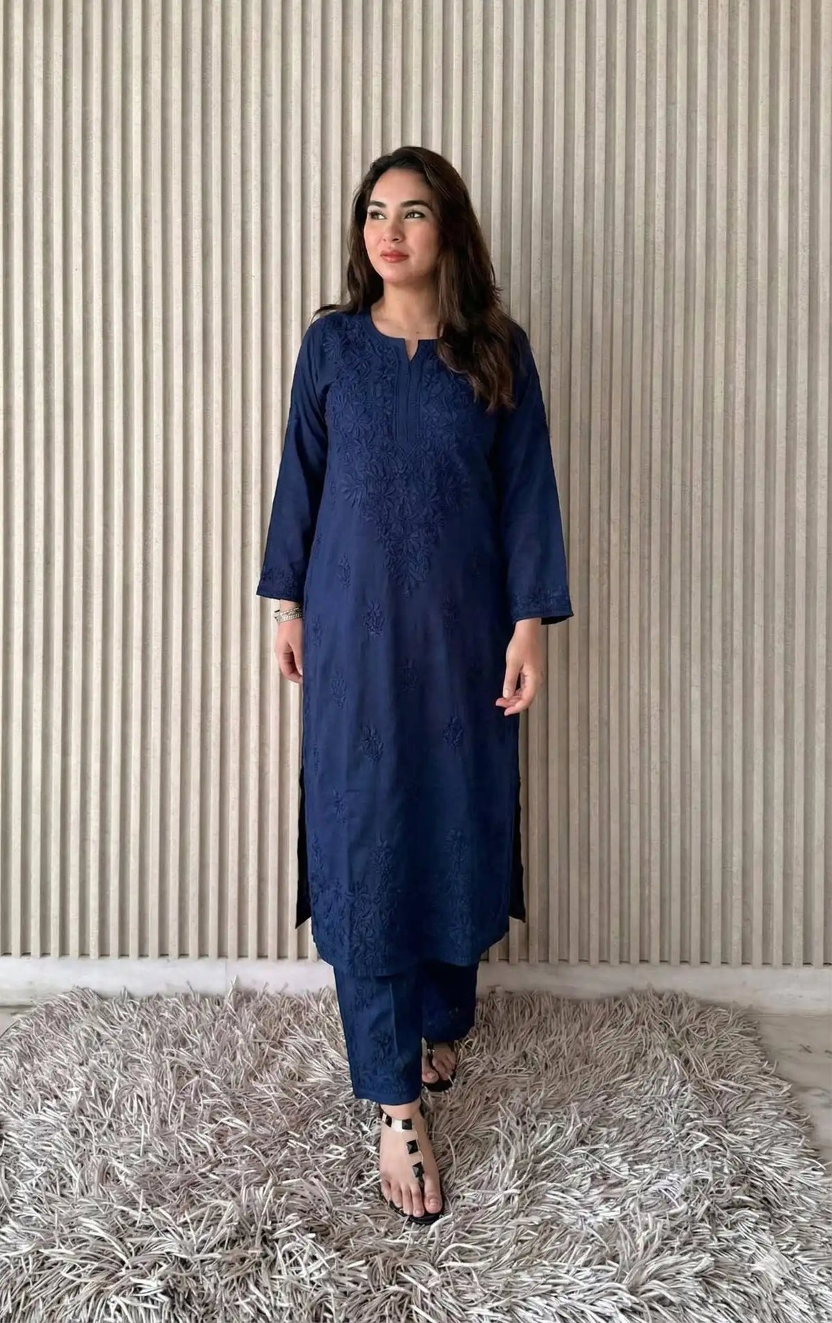 Shradha Rayon Cotton Chikankari Kurta Set – Winter Blue