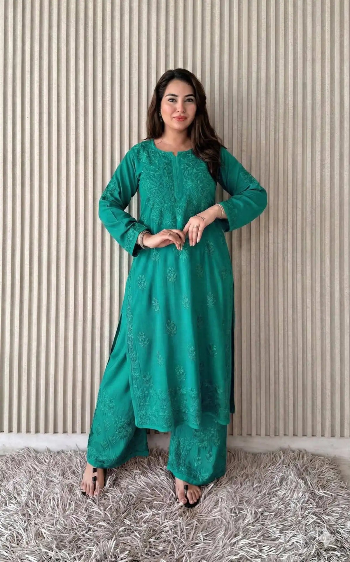 Shradha Rayon Cotton Chikankari Kurta Set – Aesthetic Teal