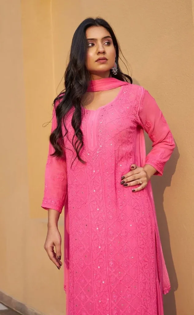 Antra Viscous Festive Pink Chikankari Kurti for Women