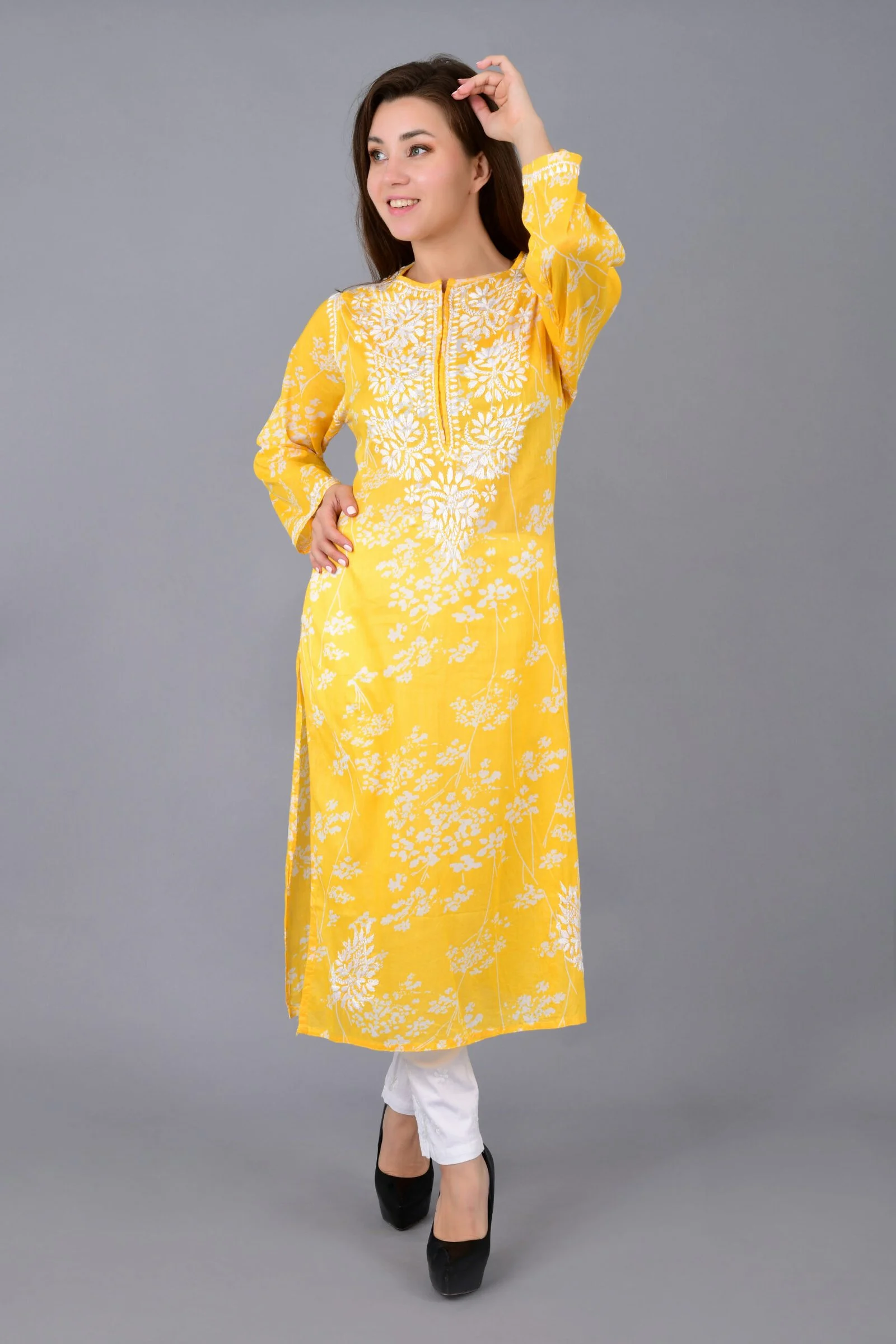 Cotton Chikankari Straight Kurti yellow.webp Hunar Bharat