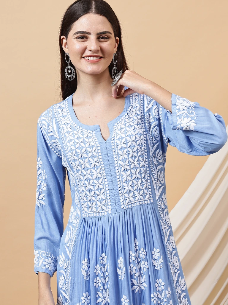 Firoza Modal Blue 3D Chikankari Gown