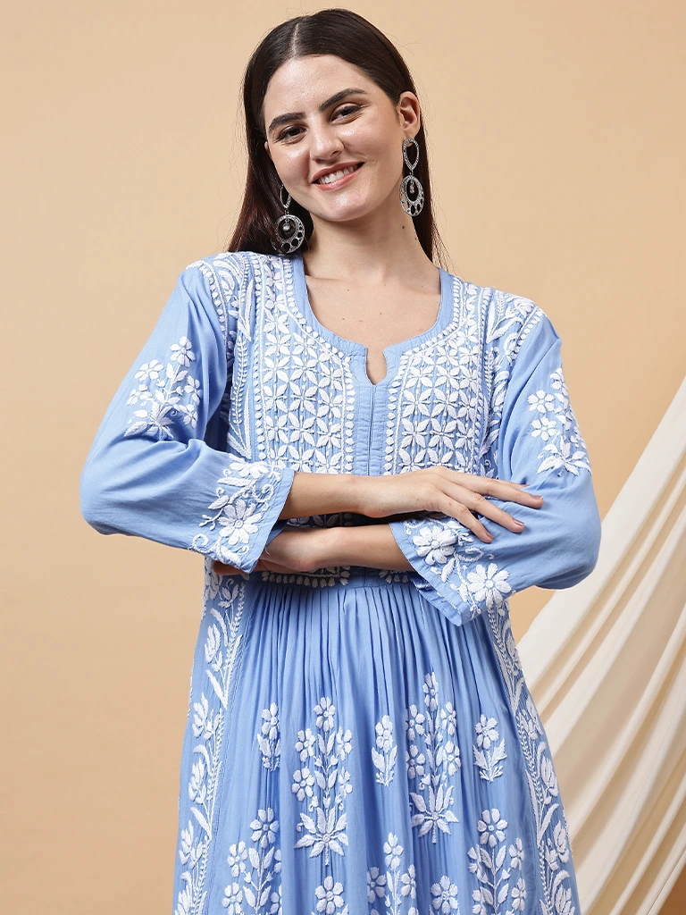 Firoza Modal Blue 3D Chikankari Gown