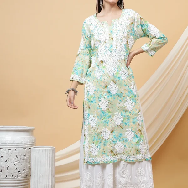 Haya Pure Mulmul Cotton Floral 3D Chikankari Straight Kurti