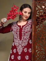 Khusha Modal Green & Maroon 3D Chikankari Kurta