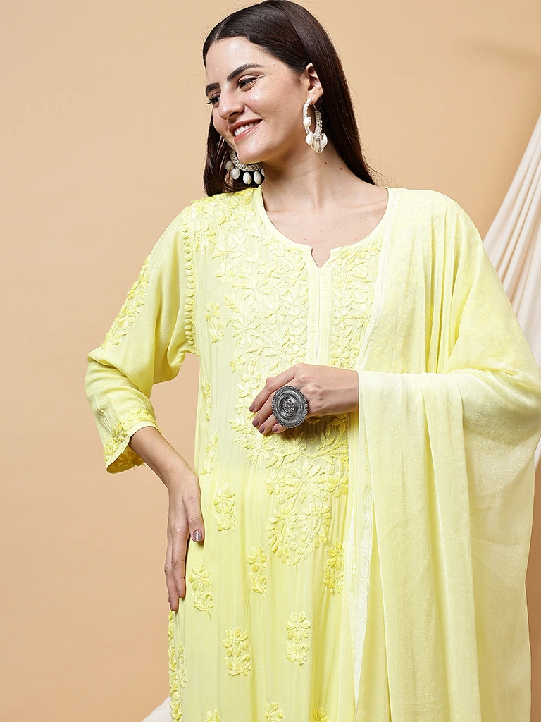 Mehrum Modal Yellow Chikankari kurti Set