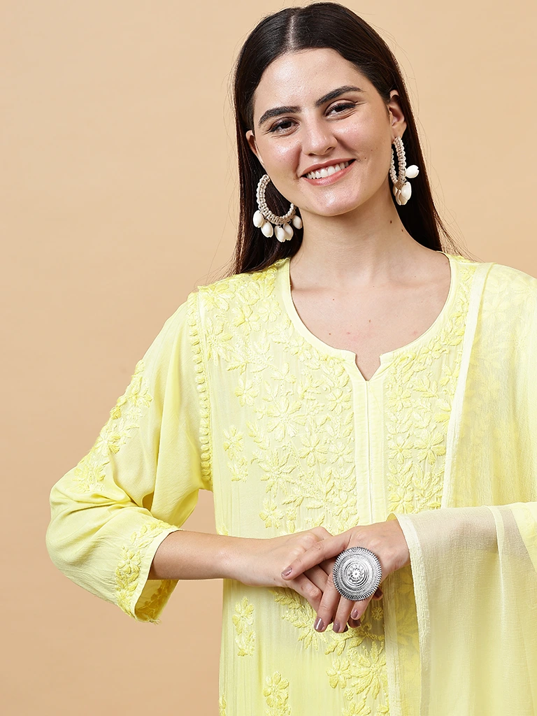 Mehrum Modal Yellow Chikankari kurti Set