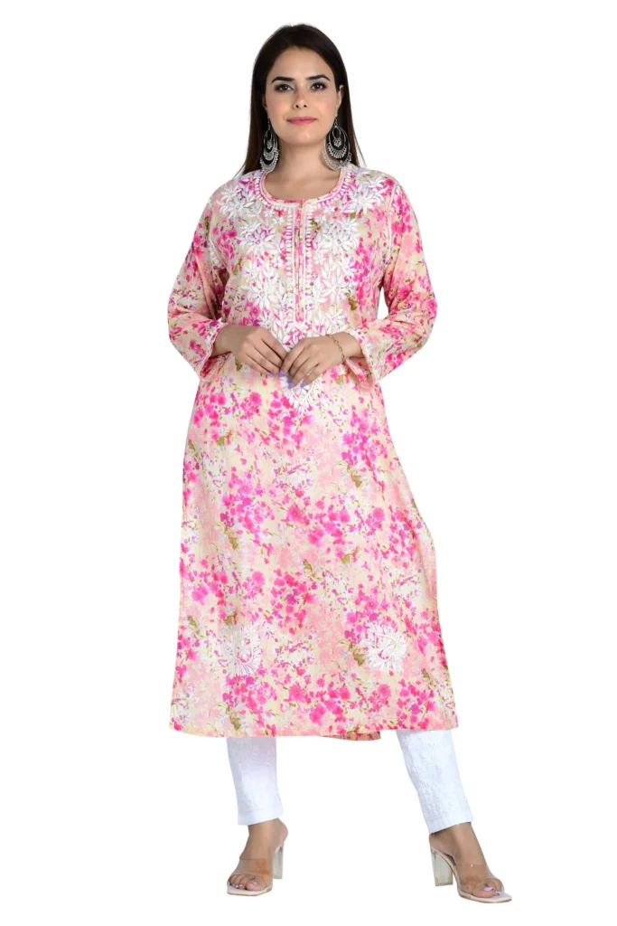 Noorani Pink Cotton Mulmul Straight Kurti