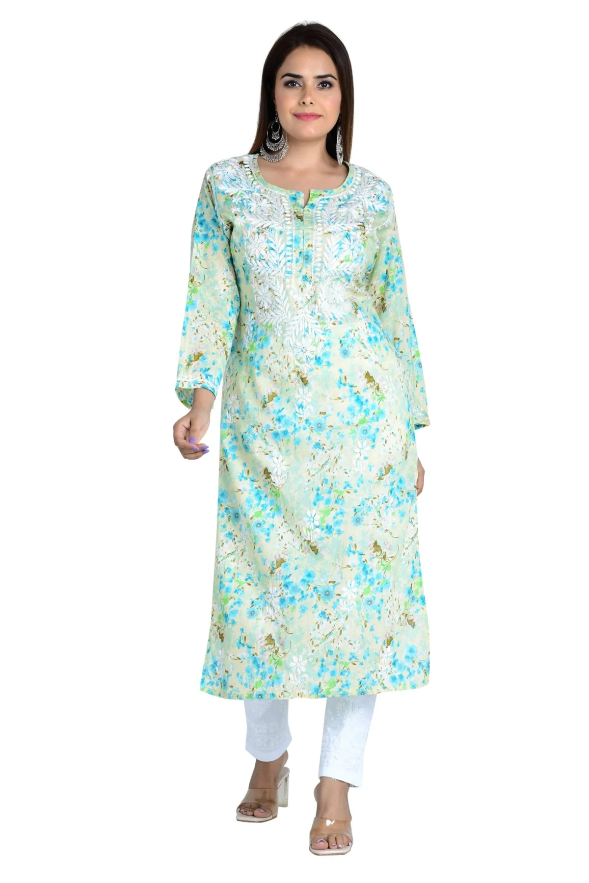 Noorani Sea Green Cotton Mulmul Straight Kurti