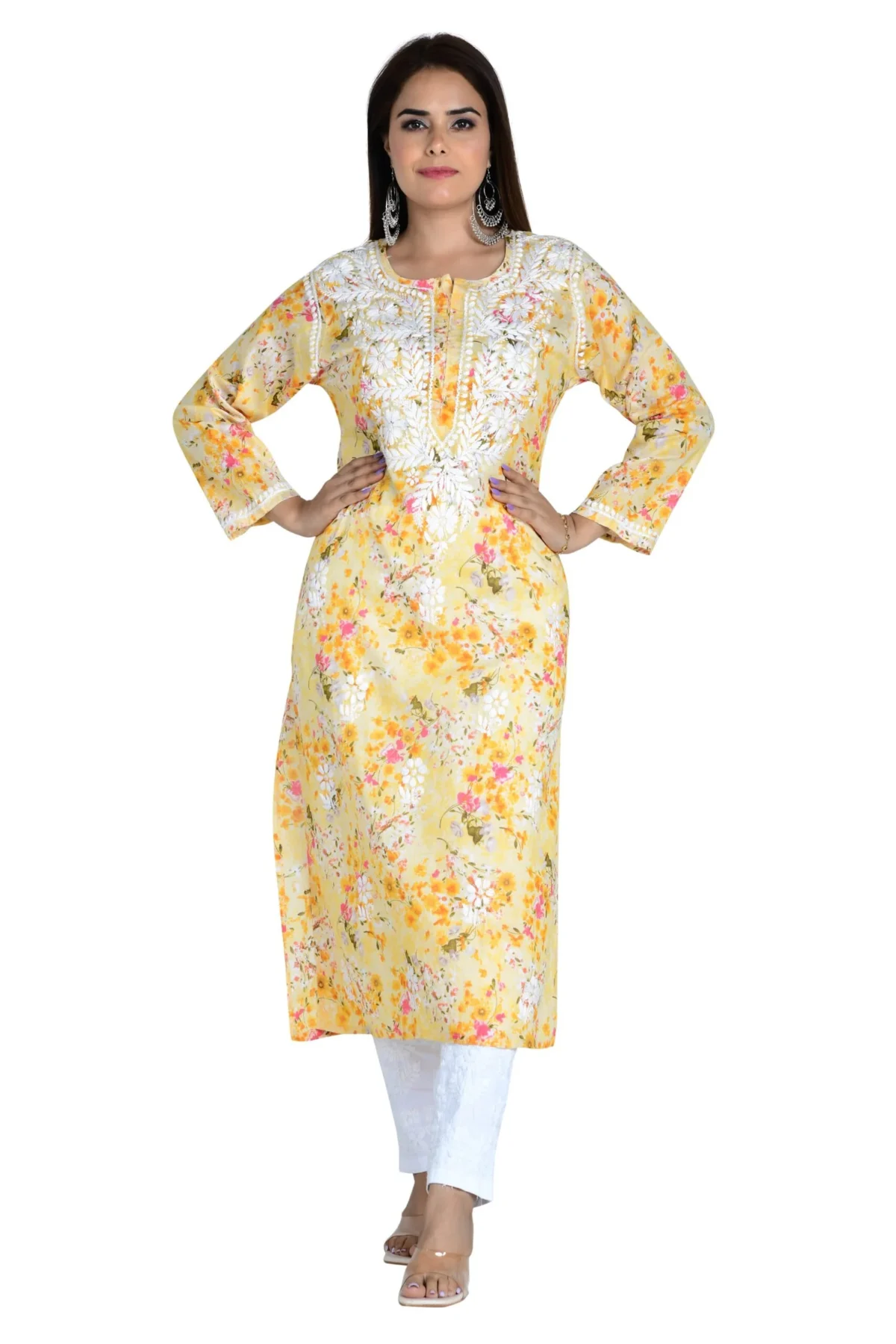 Noorani Yellow Cotton Mulmul Straight Kurti