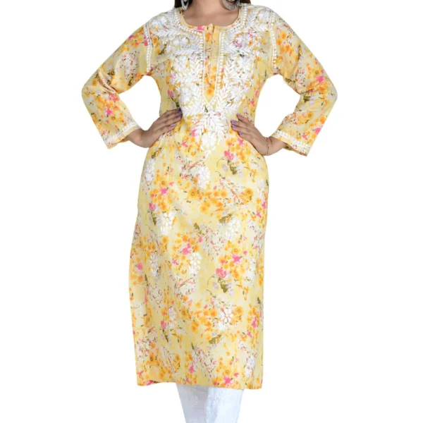 Noorani Yellow Cotton Mulmul Straight Kurti