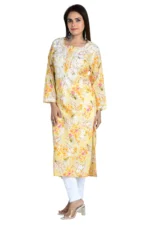 Noorani Yellow Cotton Mulmul Straight Kurti