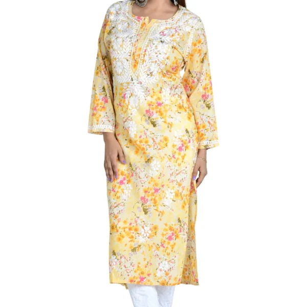 Noorani Yellow Cotton Mulmul Straight Kurti