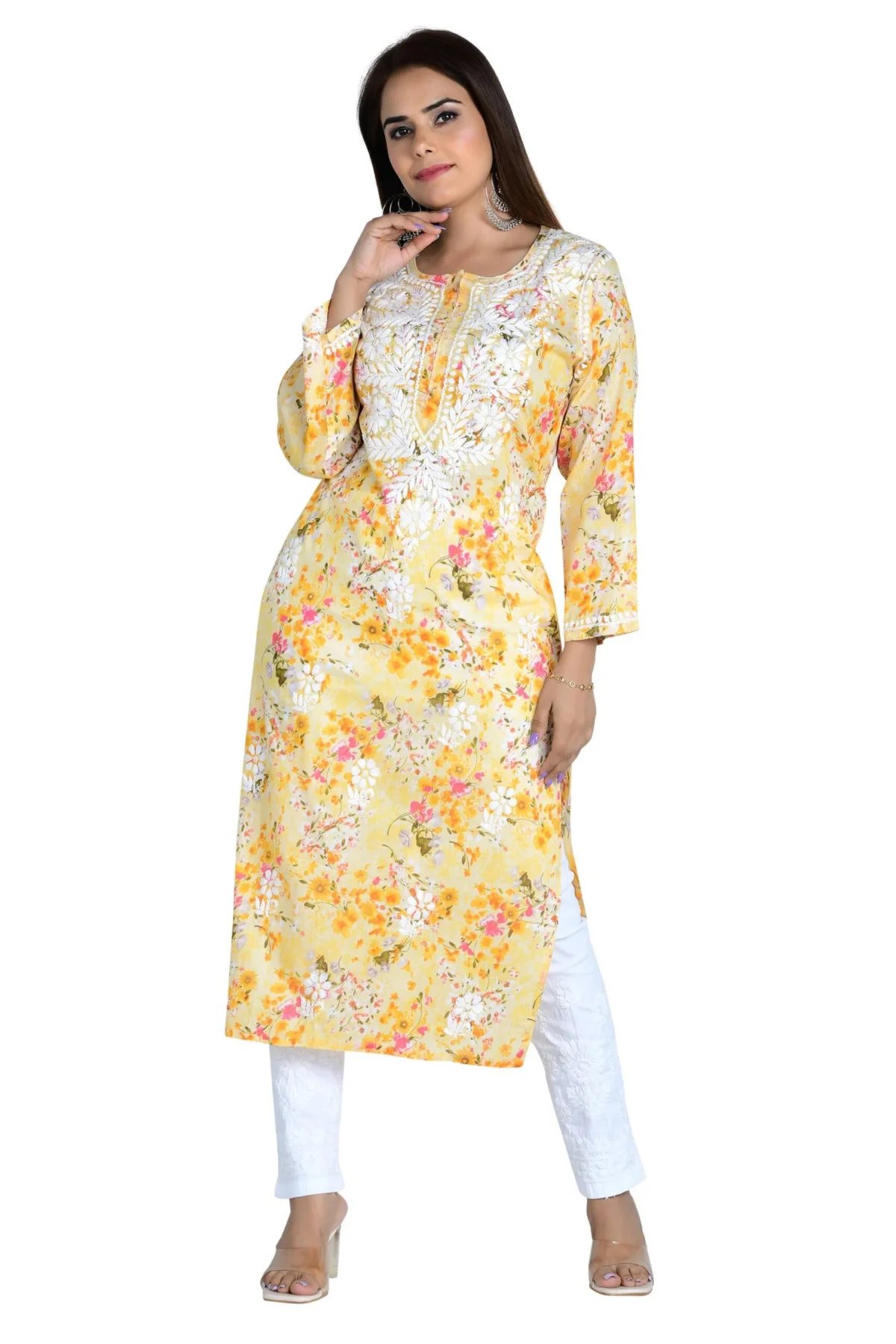 Noorani Yellow Cotton Mulmul Straight Kurti