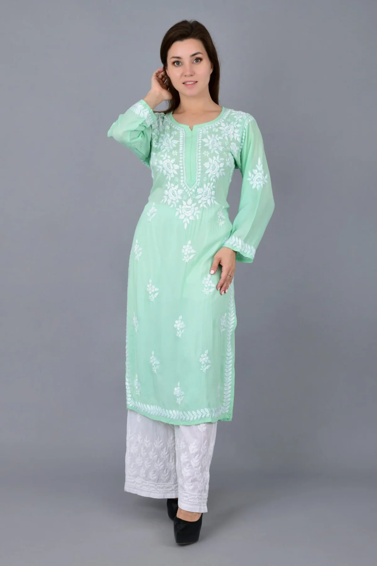 Pure Modal Chikankari Straight kurti green1.webp Hunar Bharat