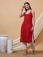 Roop Pure Viscose Red Chikankari Kurta for Women