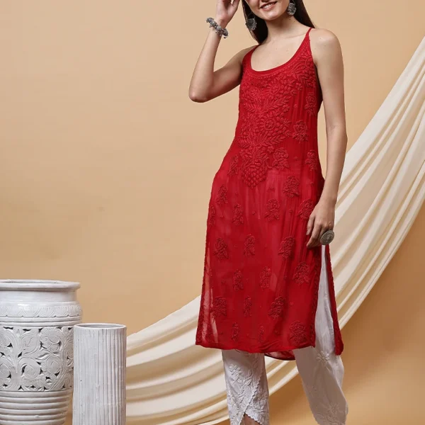 Roop Pure Viscose Red Chikankari Kurta for Women