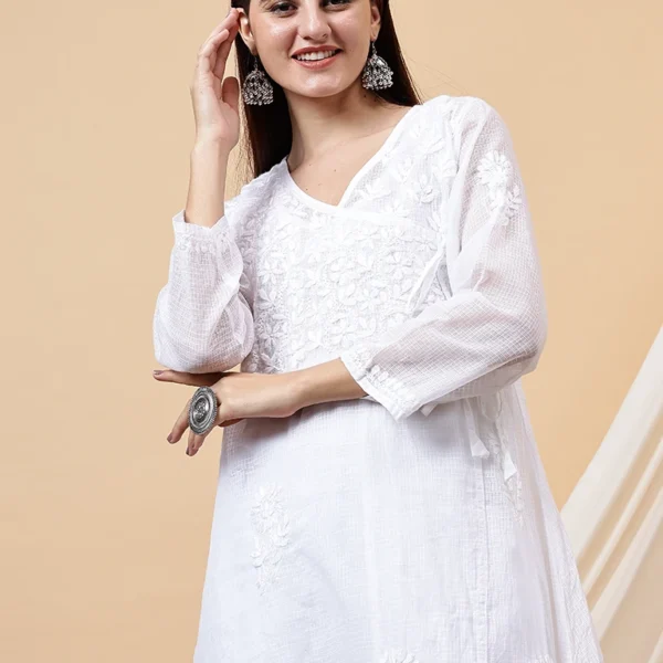 Rumi Kota Doria White Chikankari Dyeable Kurta