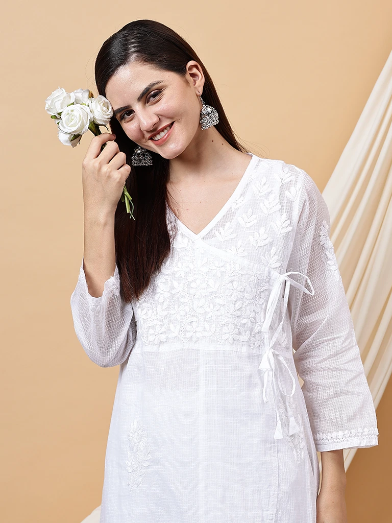 Rumi Kota Doria White Chikankari Dyeable Kurta