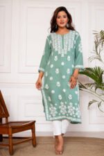 Nagma Pure Modal 3D Chikankari Kurti - Sea Green - Image 2