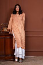 Ruhina Dobby Mul Cotton Chikankari Kurta - Rust - Image 2