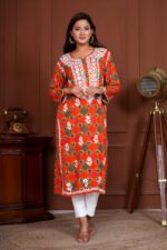 Umang Rayon Bandhani Printed Chikankari Kurta - Rust