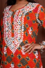 Umang Rayon Bandhani Printed Chikankari Kurta - Rust - Image 3