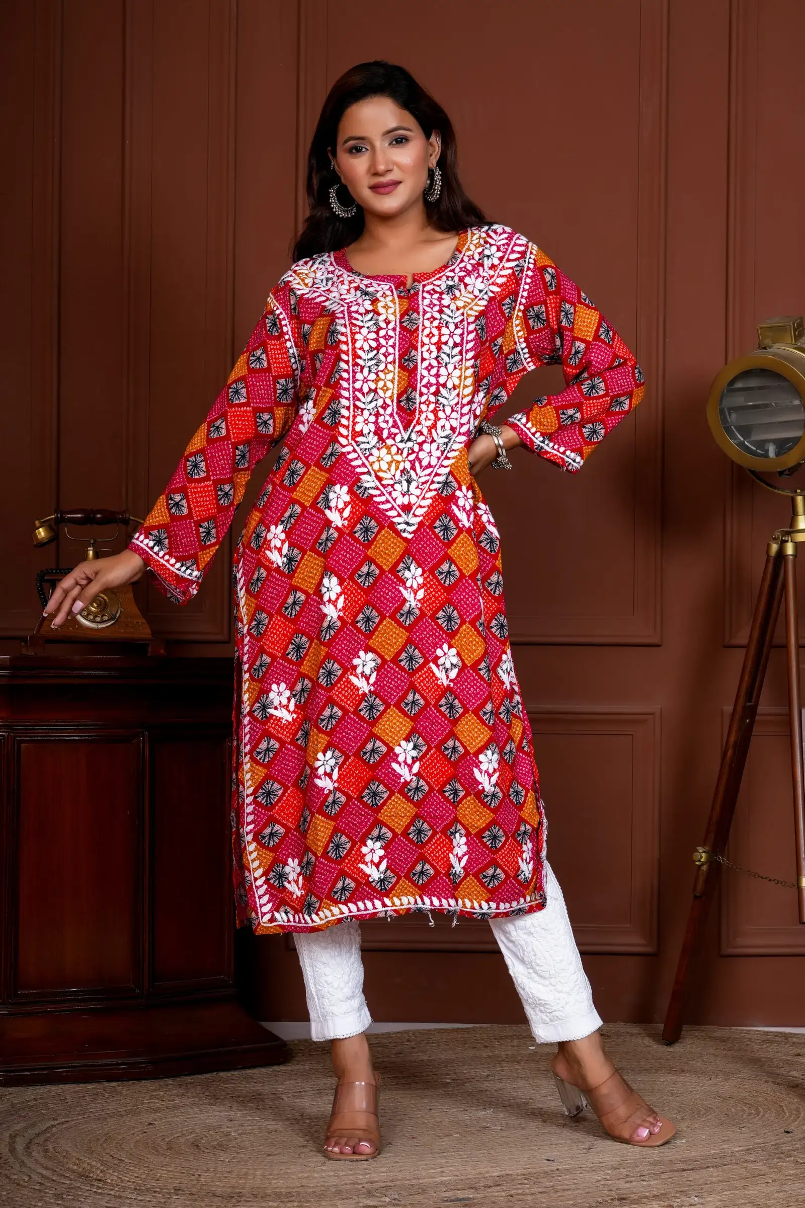Umang Rayon Bandhani Printed Chikankari Kurta