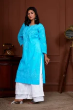 Ruhina Dobby Mul Cotton Chikankari Kurta - BLUE - Hunar Bharat
