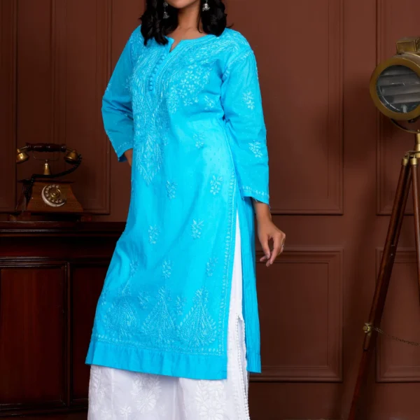 Ruhina Dobby Mul Cotton Chikankari Kurta - BLUE - Hunar Bharat