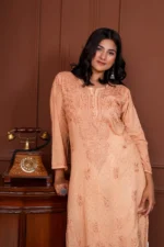 Ruhina Dobby Mul Cotton Chikankari Kurta - Beige -Hunar Bharat