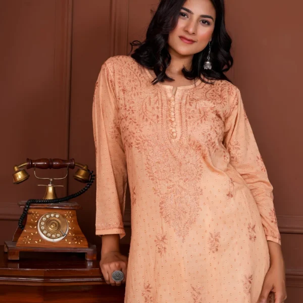 Ruhina Dobby Mul Cotton Chikankari Kurta - Beige -Hunar Bharat