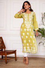 Iram Pure Modal 3D Chikankari Kurti - Yellow - Image 6