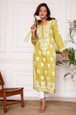 Iram Pure Modal 3D Chikankari Kurti - Yellow - Image 2