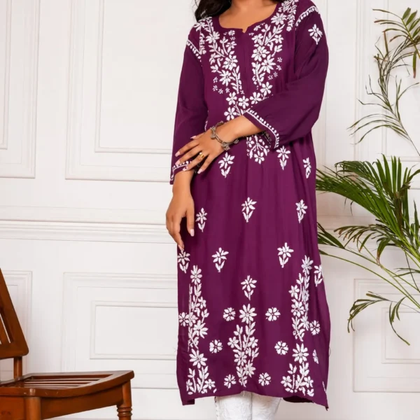 Iram Pure Modal 3D Chikankari Kurti -Dark Pink4- Hunar Bharat