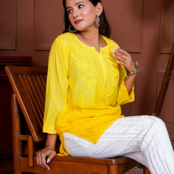 Geet Rayon Cotton Short Chikankari Kurta - Yellow