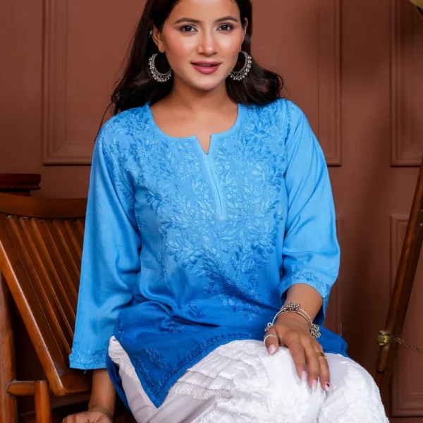 Geet Rayon Cotton Short Chikankari Kurta - Blue