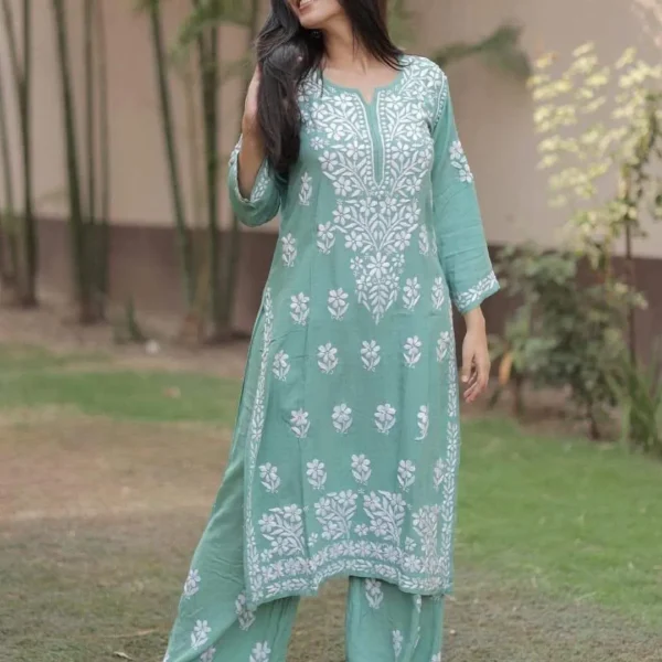 Tara Pure Modal Butter Soft Fabric Premium Chikankari Set - Sea Blue