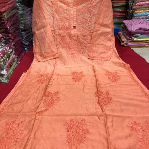 Vanya Chanderi Cotton Ombre Pattern Chikankari Kurta Set - Orange