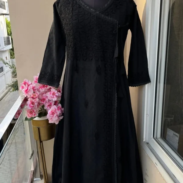 Amara Angrakha Dobby Mul Cotton Chikankari Kurta Set - Black