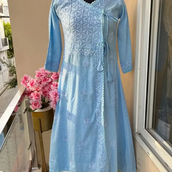 Amara Angrakha Dobby Mul Cotton Chikankari Kurta Set - Sky Blue