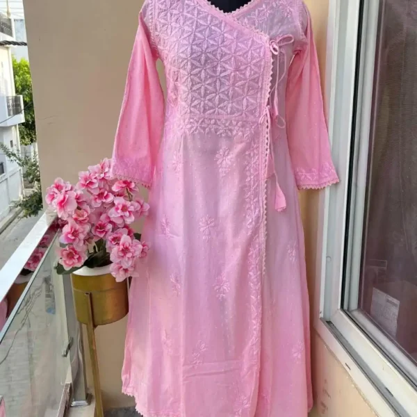 Amara Angrakha Dobby Mul Cotton Chikankari Kurta Set - Pink