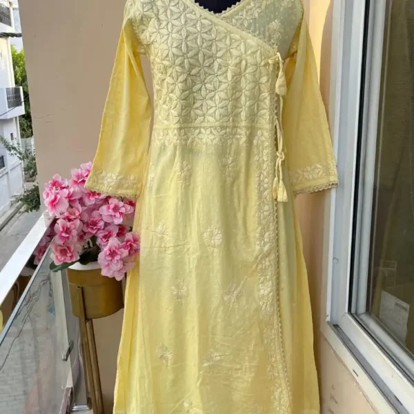 Amara Angrakha Dobby Mul Cotton Chikankari Kurta Set - Light Yellow