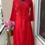 Amara Angrakha  Dobby Mul Cotton Chikankari Gown - Sea Green - Red